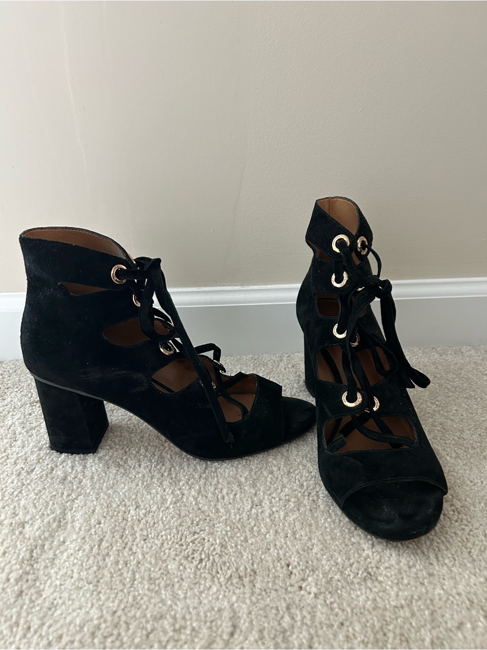 Coach Black Suede Lace-Up Block Heel Sandals